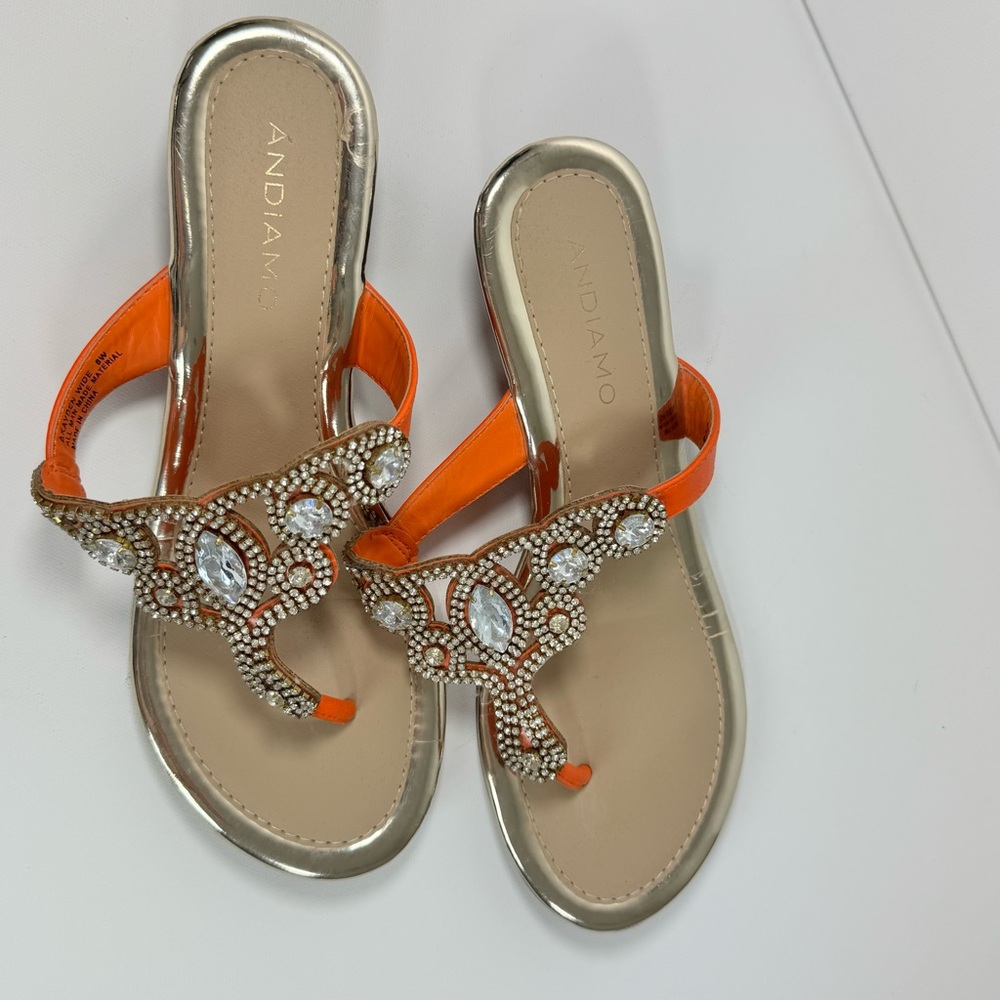 Andiamo Akayden Wide 8W Orange Rhinestone Embellished Wedge Thong Sandals